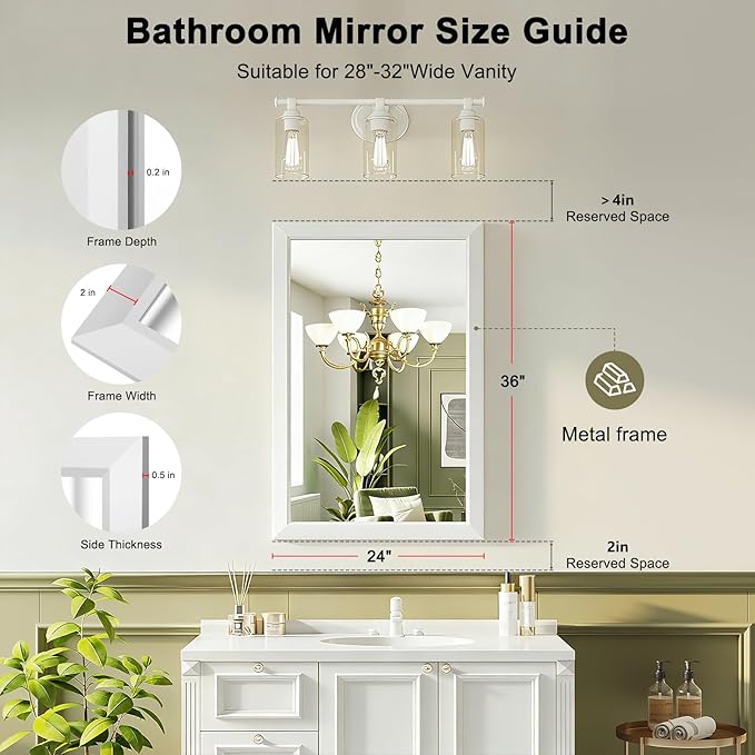 Bathroom Mirror for Over Sink,24x36Inch White Thick Anti-Rust Metal Frame, Rectangle Decorative Wall Mirror with HD Tempered Glass, Horizontal or Vertical Mount for Vanity, Bathroom,Living Room