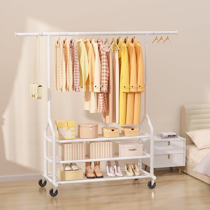 EAGMAK Heavy Duty Clothes Rack Load 688 LBS, Rolling Clothing Rack With 3 Shelves, Adjustable Metal Clothes Hanger with Wheels Portable Wardrobe Organizer Garment Rod for Hanging Clothes (White)