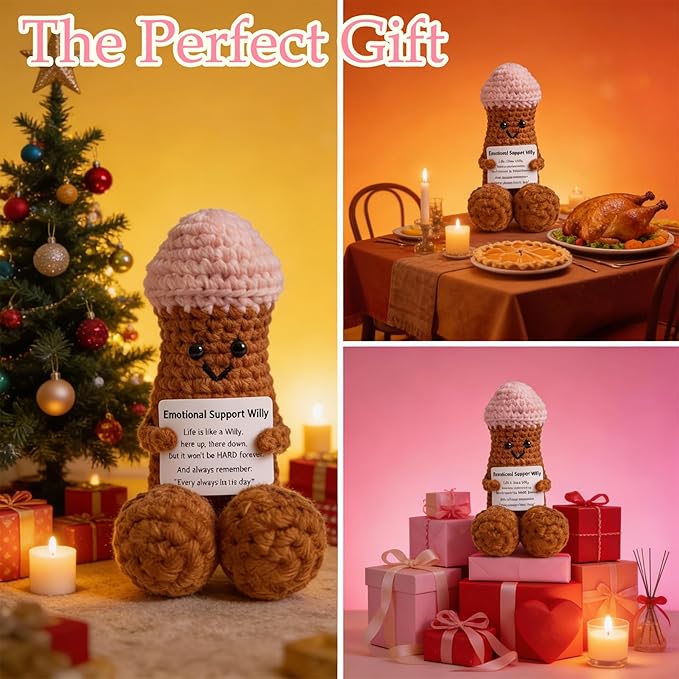 Funny Positive Crochet Animals Gag Doll Emotional Support Stuffed plushies for Men and Women Friends, Weird Things Motivational Office Decor Valentine‘s Day Gifts (Emotional Willy)