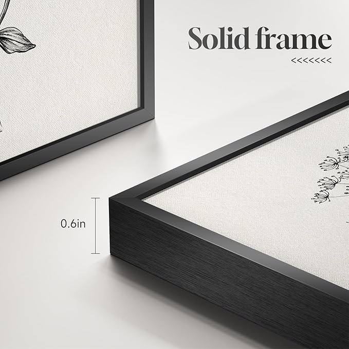 Framed Black and White Floral Wall Art for Bedroom, 4 Piece Vintage Botanical Canvas Paintings Artwork for Modern Farmhouse, Minimalist Flower Pictures for Living Room Kitchen Bathroom Wall Decor