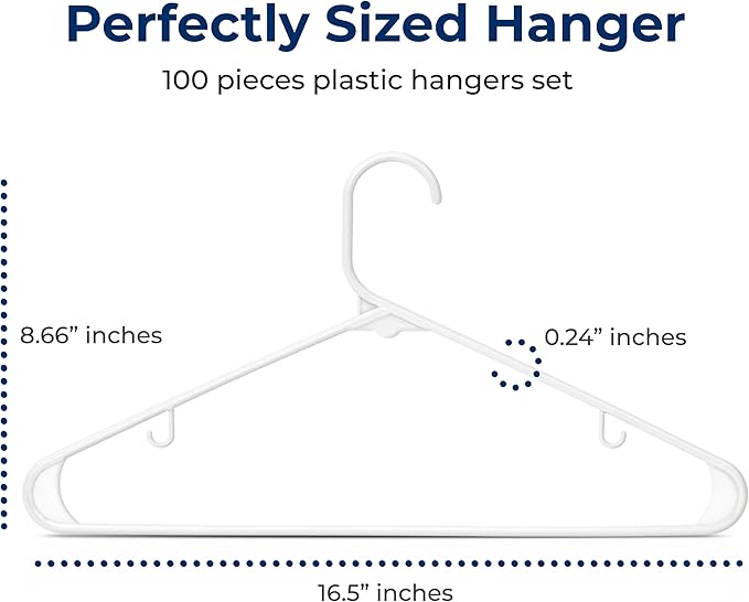 SereneLife 100 Pack Plastic Hangers, Non-Slip, Space-Saving Closet Organizers, Durable and Strong for Shirts, Sweaters, Hoodies, Kids Clothes & Dresses, Ultra-Thin, Lightweight