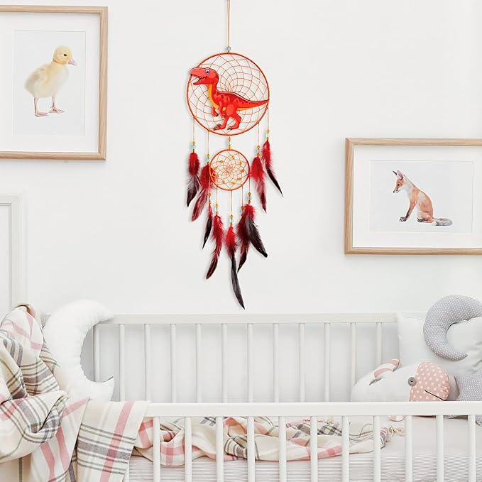 Basumee Dream Catcher for Kids Feather Dream Catchers Handmade Home Decor Wall Hanging with Double Ring for Nursery Bedroom Boys Room, Red Dinosaur
