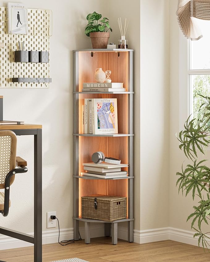 Corner Shelf Stand, 5 Tier Corner Bookshelf,Corner Furniture for Bedroom Display Corner Shelf for Small Space,Wood Shelves with Storage Rack for Living Room,Office,Gray