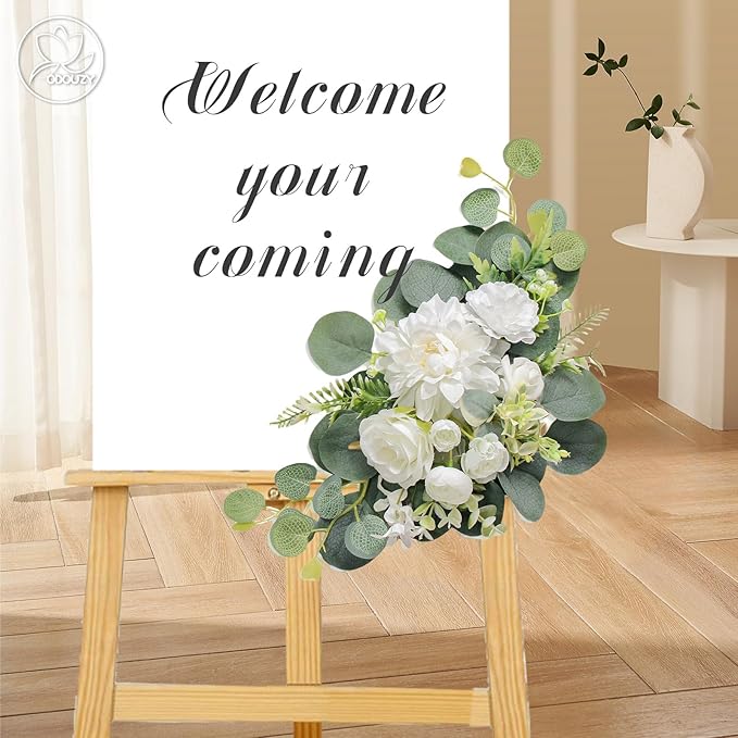 Odouzy Artificial Wedding Arch Flowers for Wedding Sign,Set of 2 for Wedding Welcome Ceremony Sign,Faux Floral Swags,Wedding, Banquet and Reception Backdrop Floral Decoration (White)