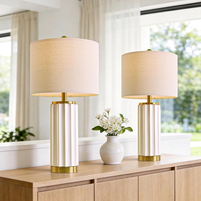 USumkky 25.75" Off-White Ceramic Table Lamp Set of 2, Mid Century Modern Bedside Nightstand Lamps for Bedroom Living Room, Linen Shade & Gold Metal Base, Rotary Switch E26 (Bulbs Excluded)