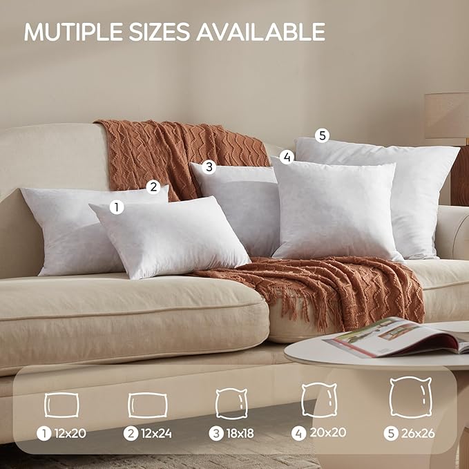 Feather Throw Pillow Inserts Set of 4, Soft Fluffy Rectangle 12 x 24 Inches Decorative Pillow Insert, Feather and Down Filled Euro Pillows for Bed, Couch and Cushion