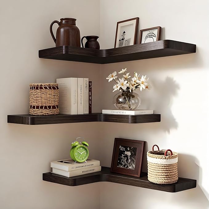 Floating Corner Shelves Set of 3, Solid Wood Picture Wall Shelf, Floating Shelves for Storage for Bedroom Kitchen Bathroom Living Room (Burnt)