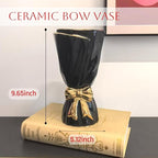 Black and Gold Bow Ceramic Vase - Flower Vases for Home Decor, Bow Decor, Boho Style, 9.65 Inch Flower Vases for Bouquet, Large Vase for Ideal Shelf Decor/Table (Black and Gold, Large)