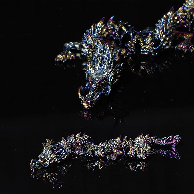 LIYAOLI Metal 3D Printed Articulated Chinese Dragon Figurine Statue Bookshelf Decor 9 Inch Three Color Flexible Joints Luck Dragon for Home Office Desk Decoration