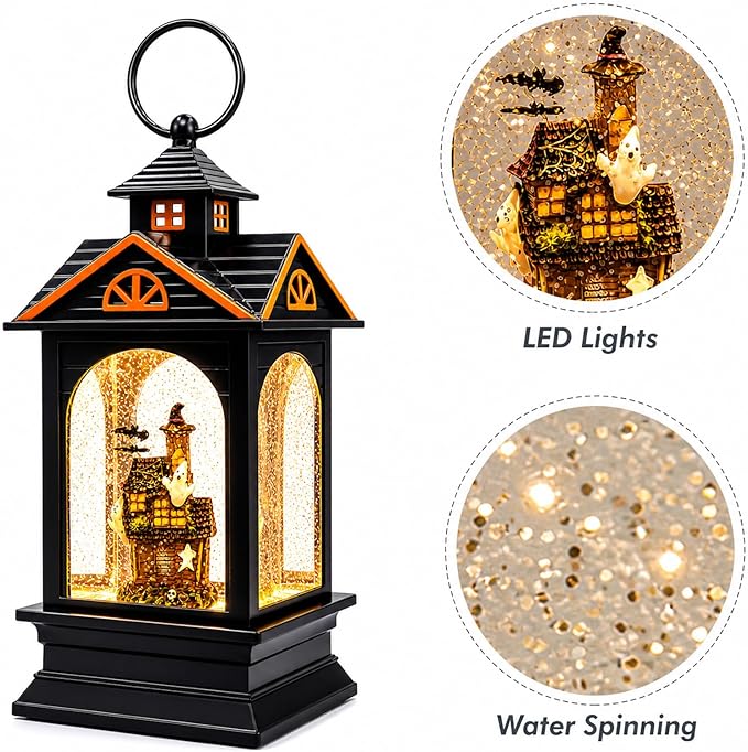 Halloween Lantern Water Spinning Snow Globe LED Light Haunted House Ghost Decor 9.25 Inch Black Acrylic Glitter Lantern Battery Operated Spooky Indoor Fall Decoration