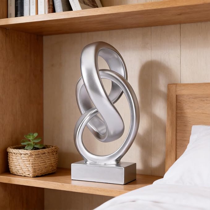 WUBIANJIE Modern Abstract Knot Sculpture, Artistic Mobius Inspired Resin Decor, Elegant Home and Office Decor, (Silver)