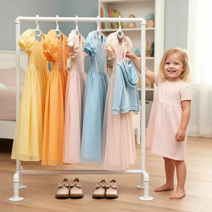 Kids Pipes Dress up Clothing Rack, Kids Clothes Rack, Child Garment Rack, Hanging Clothes Rod Storage Shelf Organizers Shelves Shelving, White Metal