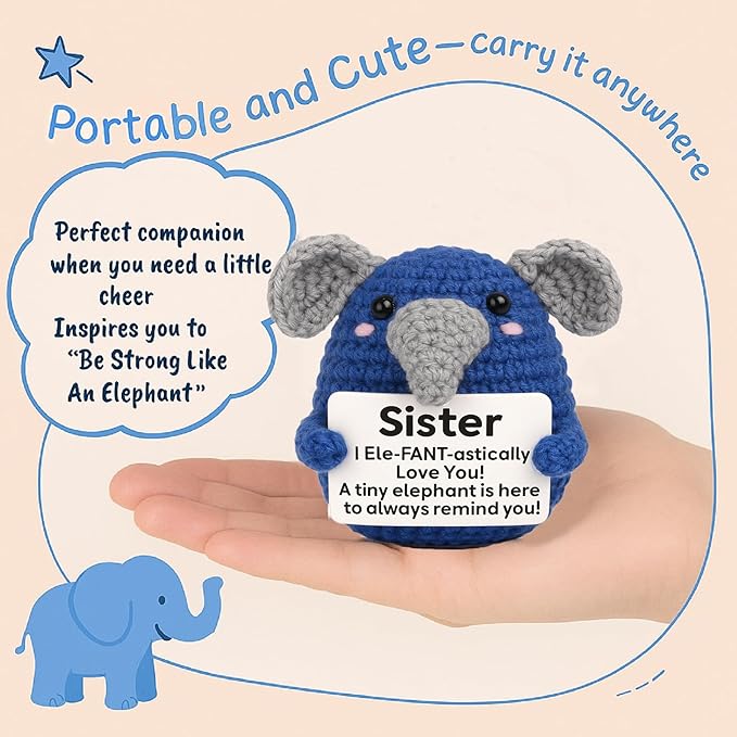 Funny Sister Gifts, Handmade Crochet Elephant Doll, Cute Emotional Support Animal Gift for Sister Bestie, Inspirational Love You Gift, Birthday Idea