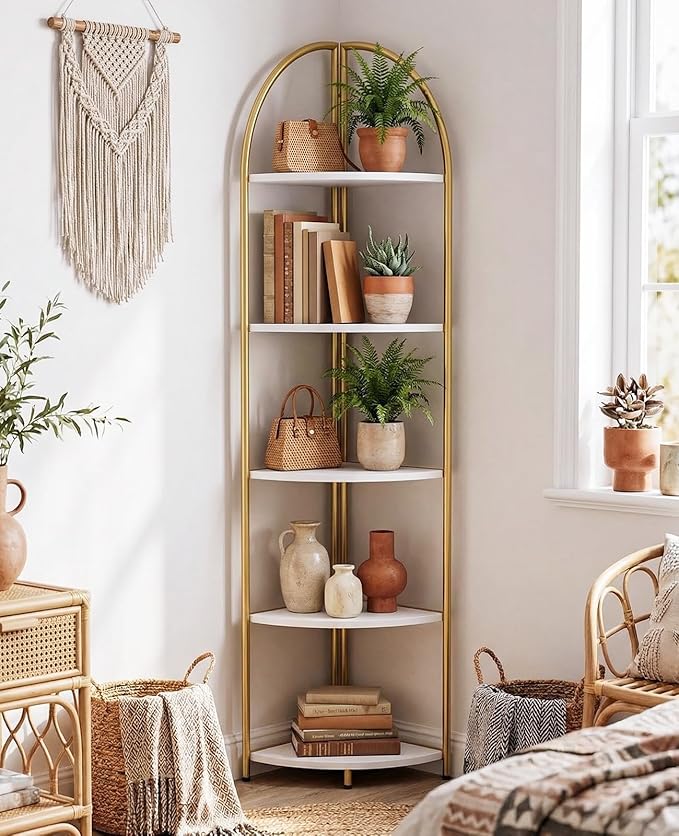 5 Tier Corner Shelf, Luxury Gold Corner Plant Stand with White Wood Shelves,Modern Metal Corner Bookshelf Display Rack,Premium Corner Storage Shelving Unit for Living Room,Bedroom,Bathroom