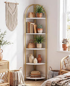 5 Tier Corner Shelf, Luxury Gold Corner Plant Stand with White Wood Shelves,Modern Metal Corner Bookshelf Display Rack,Premium Corner Storage Shelving Unit for Living Room,Bedroom,Bathroom