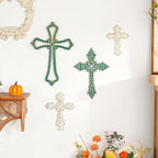 Sungmor 4PC Heavy & Sturdy Embossed Cast Iron Cross Decor for Wall, Beautiful Vintage Decorative Hanging Crosses Wall Decor, Distressed White & Green Religious Wall Sculptures Metal Wall Arts Crosses
