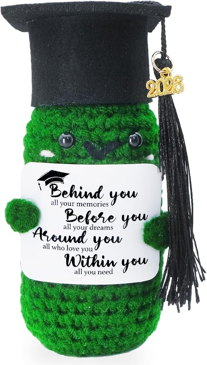 2026 Graduation Emotional Support Doll High School 2026 Graduation Gifts for Him Her Positive Crochet Decor 5.9 inch Mini Handmade Knitted Doll Grad Gift for Women Men