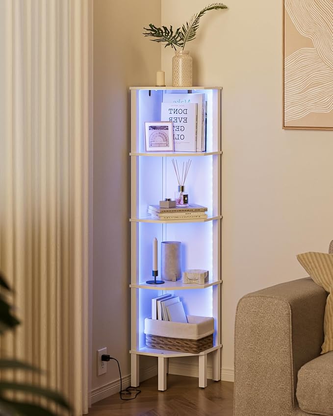 Corner Shelf Stand, 5 Tier Corner Bookshelf with Led Light,Corner Furniture for Bedroom Display Corner Shelf for Small Space,Wood Shelves with Storage Rack for Living Room,Office,White