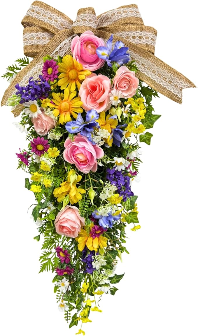 24 Inch Pre-lit Spring Summer Teardrop Swag for Front Door Battery Operated with Timer Rustic Country Decor with Roses Daisies Wildflower Burlap & Lace Bow for Farmhouse Home Decor