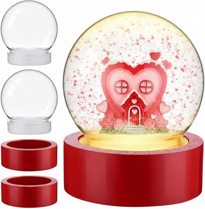 Irenare 2 Set Valentine's Day DIY Snow Globes Set Warm Light Make Your Own Snow Globe with LED Light Red Wooden Base Clear Plastic Globe Kit for Valentine's Day Gift