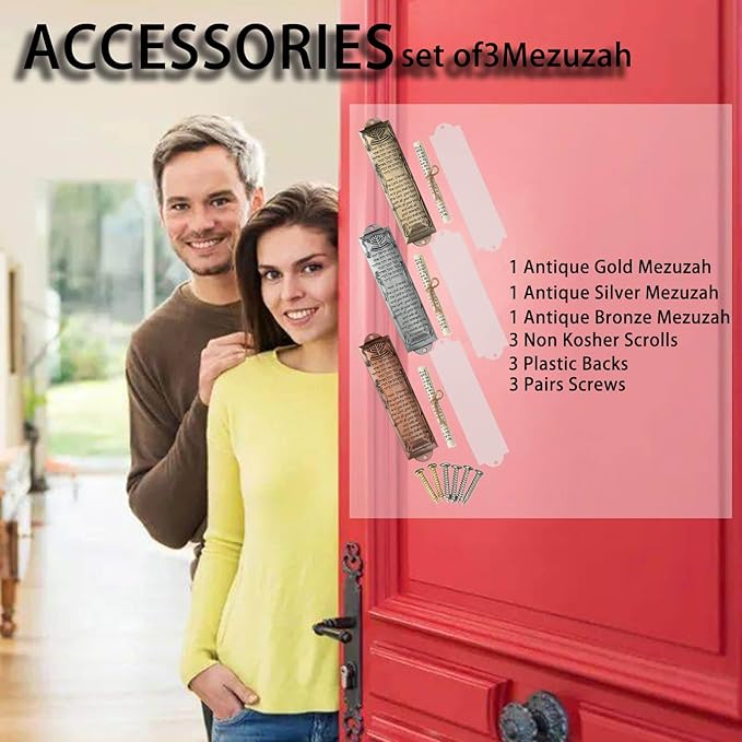 Mezuzah Set of 3 Jewish Door Mezuzah with English/Hebrew House Blessing, Metal Cases with Non-Kosher Scrolls, Gold, Silver, Bronze
