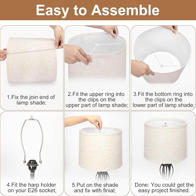 Lampshades Set of 2, Drum Lampshades 11.6" Top x 12.6" Bottom x 9.8" High, Seaside village Medium Lampshades (Spider Fitter), Beige Lampshades Natural Linen Hand Crafted, Easy Assembly Required