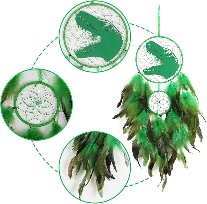 LOMOHOO Dinosaur Dream Catcher for Kids, Feather Dream Catchers with LED Light, Handmade Home Decor Wall Hanging with Double Ring for Nursery Boy Bedroom Birthday Gift