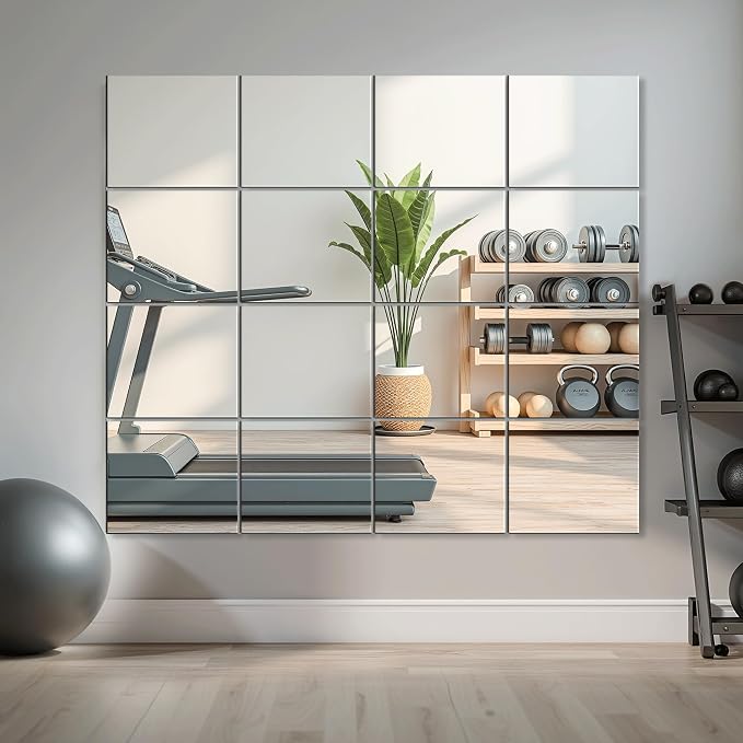 Delma Home Gym Mirror Tiles, 14'' x 12'' Glass Frameless Mirror (16 PCS), Large Wall Mirror for Home Gym,Bedroom,Door,Bathroom
