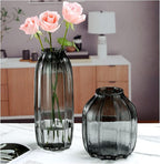Black Grey Glass Vase for Flowers,Dark Grey Bud Tall Glass Vases,H-8.0" Simple Striped Design for Home Floor Decor,Farmhouse Decor, Centerpiece Coffee Table Decorations