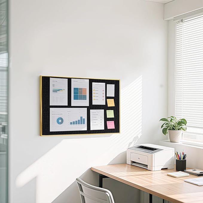 Linen Bulletin Board 30" x 20", Black Fabric Pin Board with Gold Aluminum Frame, Decorative Vision Board for Home Office, Bedroom & Dorm Wall Decor, Includes 10 Push Pins