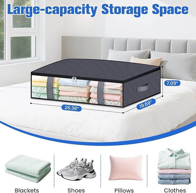 Under Bed Storage Containers, 8 Pack Blanket Storage Bags, Collapsible Storage Bags with Big Zippers, Clear Front, Shoe Storage and Organization for Clothes, Comforter, 60L, Grey