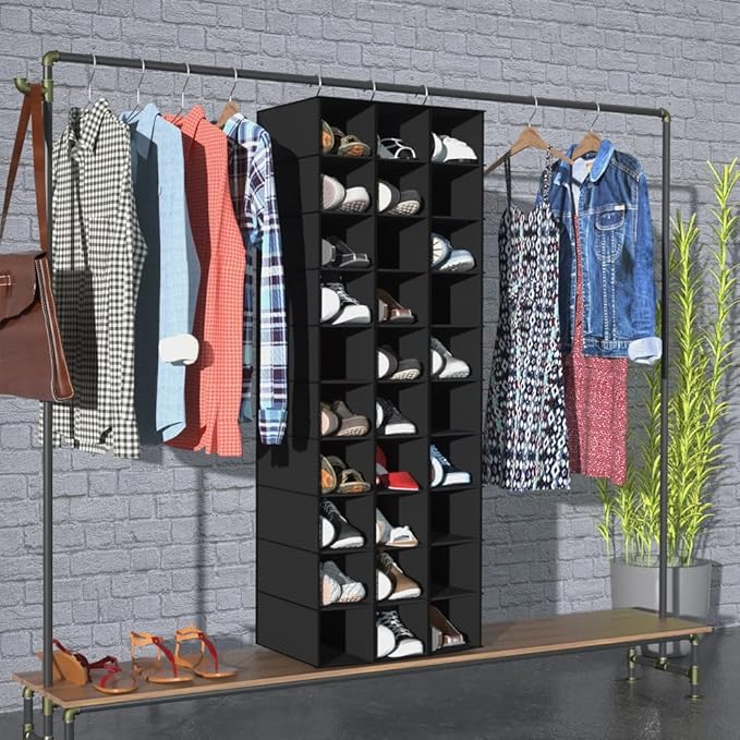 coastal rose Hanging Shoe Organizer for Closet, 30 Sections Hanging Closet Organizers and Storage Shelves, Space Saving Hanging Shoe Storage, Black, 17''W×11.5''Dx 48''H
