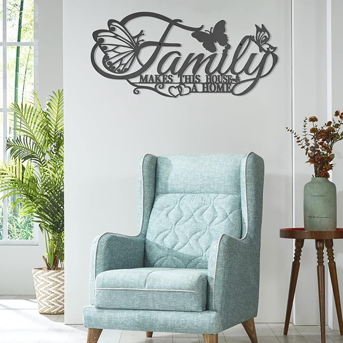 Family Metal Word Sign Wall Art Decor, Family Makes This House A Home Heart Butterflies Wall Hanging Sculpture, Silvery Iron Letters Quotes Home Decor for Living Room Kitchen (Black-B)