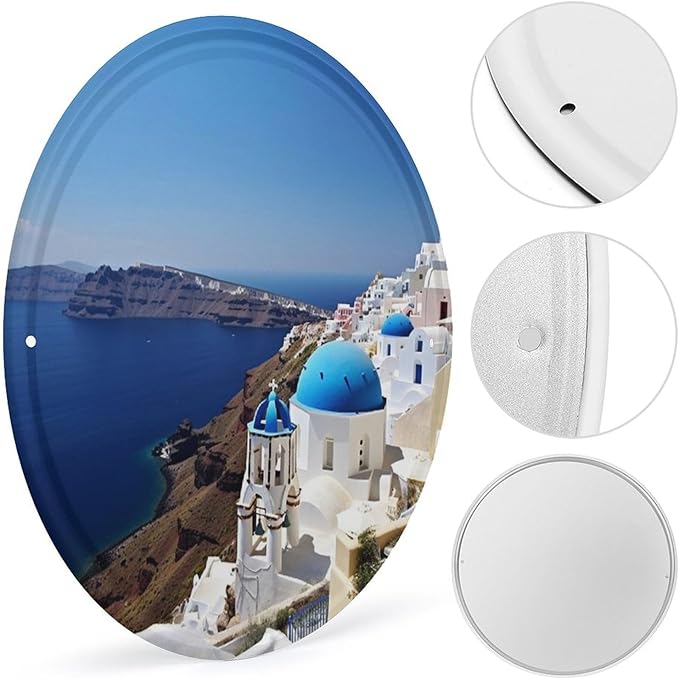 Wall Picture, with Santorini Greek Island Sea View Printed Circular Iron Hanging Picture,Wall Art Decor,Home for Bedroom Living Room Bathroom Decor,Iron Painting 11.8X11.8 in