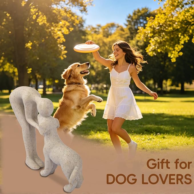 Abstract Resin Hand-Painted Sculpture of Person and Dog Bonding – Head-to-Head Intimate Figurine Decoration for Office、Living Room、Bedroom、Home， Memory Gifts for Pet Lovers (Sandstone)