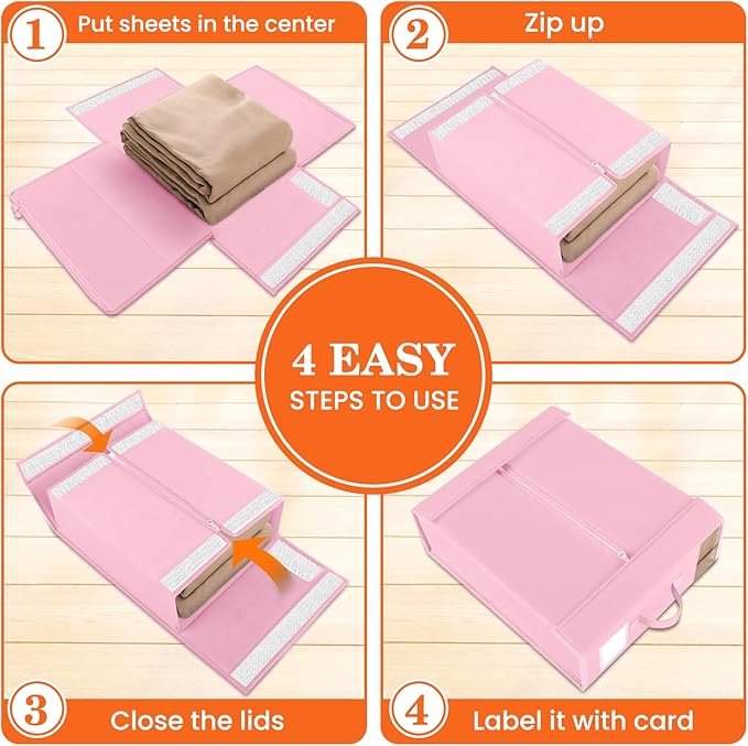 WOWBOX Sheet Organizers and Storage,Closet Bed Sheet Organizer Under Bed Storage and Organization with Label Cards & Clear Window for Bedding Sheets,Duvet Covers,Blankets (10 Pack，Pink)