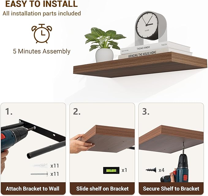 Acovy 32 Inch Floating Shelves, 3D Textured Wood Grain, 32"x9.25"x1.5" Inch Deep Floating Shelves for Wall, Wooden Shelves for Bathroom, Bedroom, Living Room, Walnut, 2 Pieces