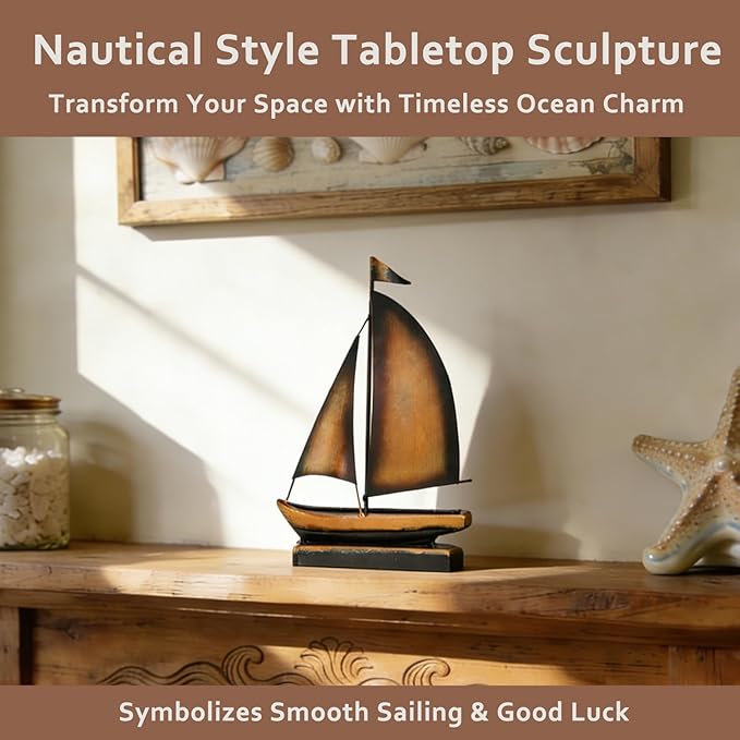 Retro Metal Sailboat Decor, Iron Nautical Sculpture for Home, Vintage Boat Figurine for Living Room Table, Office Desk, Bookshelf, Coastal Style Decoration (Brass)