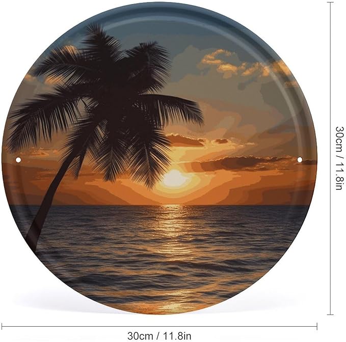 Wall Picture, with Sunset Palm Tree Ocean Printed Circular Iron Hanging Picture,Wall Art Decor,Home for Bedroom Living Room Bathroom Decor,Iron Painting 11.8X11.8 in