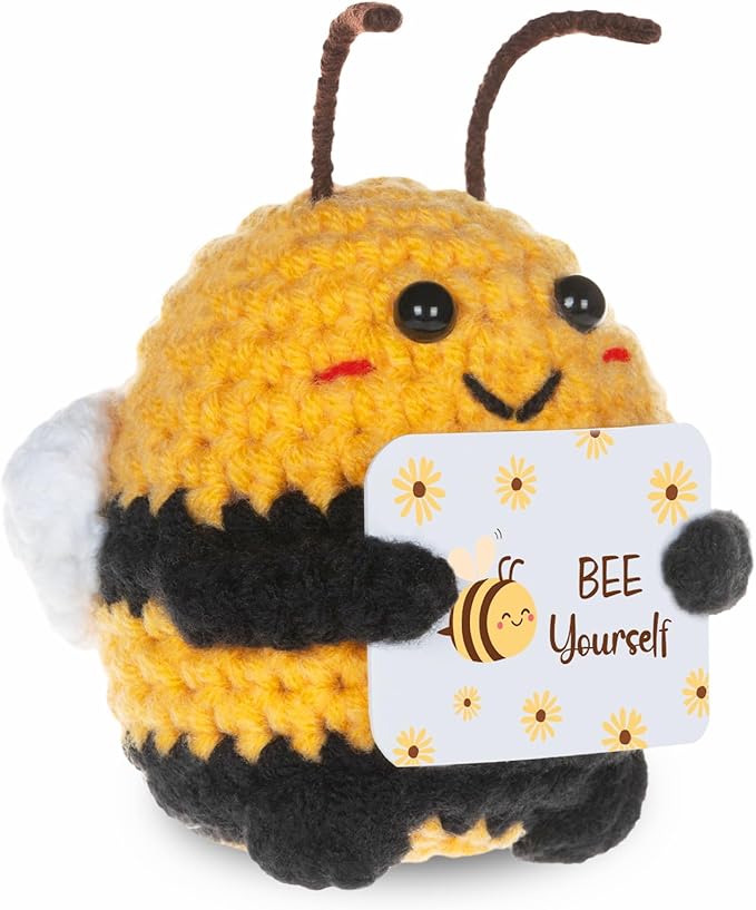 WenmthG „Be Yourself“ Emotional Gifts - Funny Positive Crochet Honeybee, Handmade Doll Support Animals Gifts for Women Men Friends Coworkers