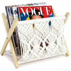 Boho Macrame Magazine Holder,Hand-Woven Magazine Rack for Home Office Desktop, Storage Basket for Letters, Magazines, Books and Newspapers (White)