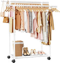 Metal Clothes Rack - Double Rod Clothing Rack with Fixed Design and Rolling Wheels, Coat Rack with Built-In Shelf for Closet Organizers and Storage (38.5" x 16.9" x 59.0", White)