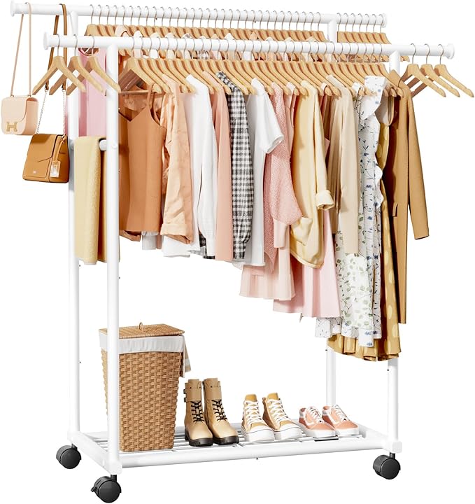 Metal Clothes Rack - Double Rod Clothing Rack with Fixed Design and Rolling Wheels, Coat Rack with Built-In Shelf for Closet Organizers and Storage (38.5" x 16.9" x 59.0", White)