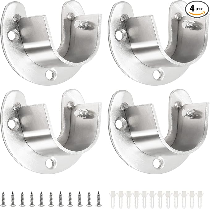 4PCS Heavy Duty Stainless Steel Rod Brackets - 1-1/3 Inch Diameter, U & Round Closet Rod End Supports, Silver