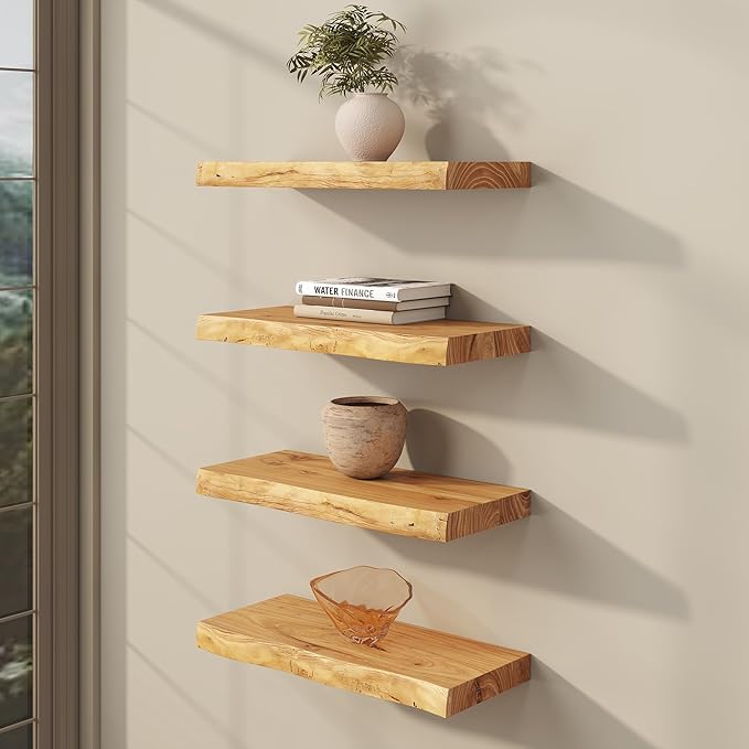 fuqing Live Edge Floating Shelves for Wall 20 inch, 8 Inch Deep Solid Elm Wood Floating Wall Shelves - Rustic Wooden Shelves with Invisible Brackets for Living Room Bedroom Kitchen, 2 Pack, Natural