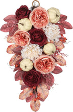 Harvest Teardrop Swag Fall Floral Swag sway with White Pumpkin Chrysanthemum Rose and Eucalyptus Leaves Autumn Teardrop sway for Home Front Door Wall Mantel Window Decor Pink and Burgundy