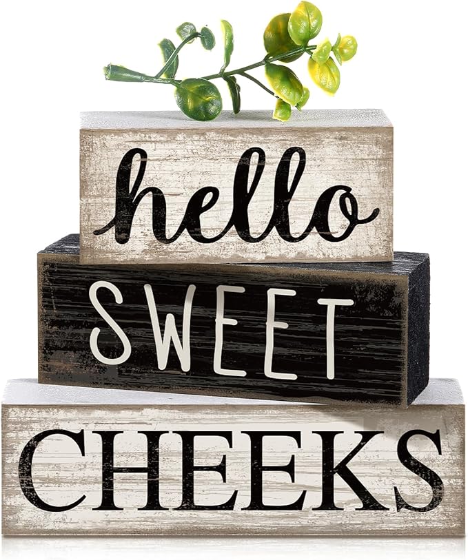 Moucuny 4 Pcs Bathroom Shelf Decor Hello Sweet Cheeks Sign Farmhouse Bathroom Decor and Accessories Rustic Eucalyptus Leaves Wood Block Sign Gift Sweet Home Table Centerpiece for Home Office