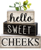 Moucuny 4 Pcs Bathroom Shelf Decor Hello Sweet Cheeks Sign Farmhouse Bathroom Decor and Accessories Rustic Eucalyptus Leaves Wood Block Sign Gift Sweet Home Table Centerpiece for Home Office