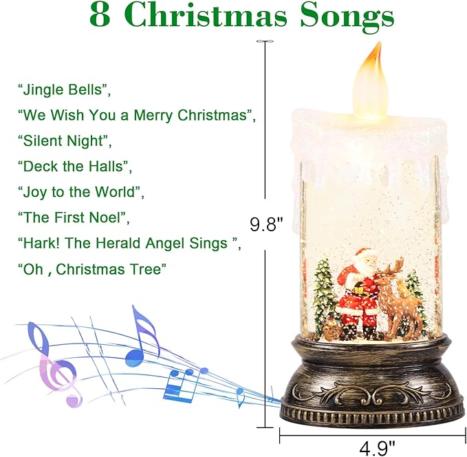 Christmas Snow Globe Candle with Timer & Music, Santa Flying with Reindeer Scene, Swirling Glittering Candle Shaped Snow Lantern, USB/Battery Operated Lighted Lantern for Christmas