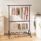 Abiglifty 2 Tier Clothes Rcks for Hanging Clothes, Heavy-Duty Clothing Rack with Wheels,150LBS Capacity, 42" W X15 D X 77" H Garment Rack with Bottom Shelf, for Bedroom, Living Room, Black